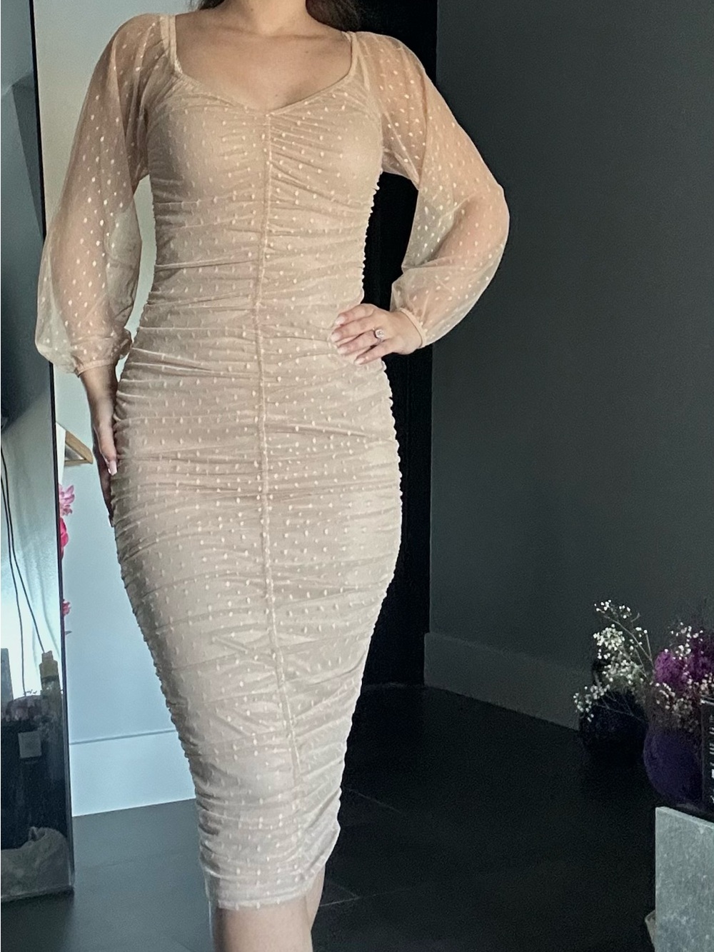 PrettyLittleThing Nude Sheer Dotted Midi Dress with Balloon Sleeves